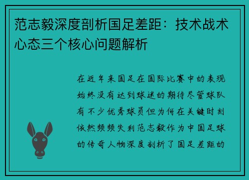 范志毅深度剖析国足差距：技术战术心态三个核心问题解析