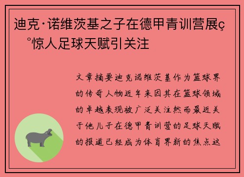 迪克·诺维茨基之子在德甲青训营展现惊人足球天赋引关注
